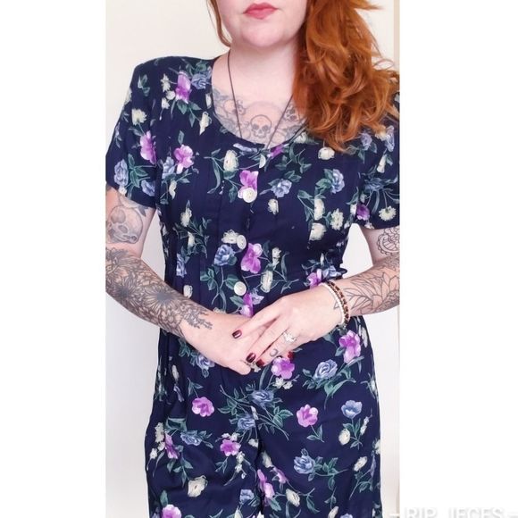 VINTAGE Basic Editions Med Navy Blue W/ Purple Flowers Button front Romper - Picture 6 of 16